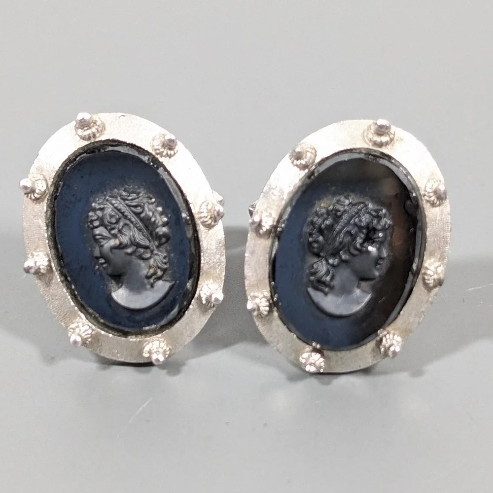 Vintage Swank Hematite Cameo‎ Cufflinks Silver Tone Gray Stone Bullet Back